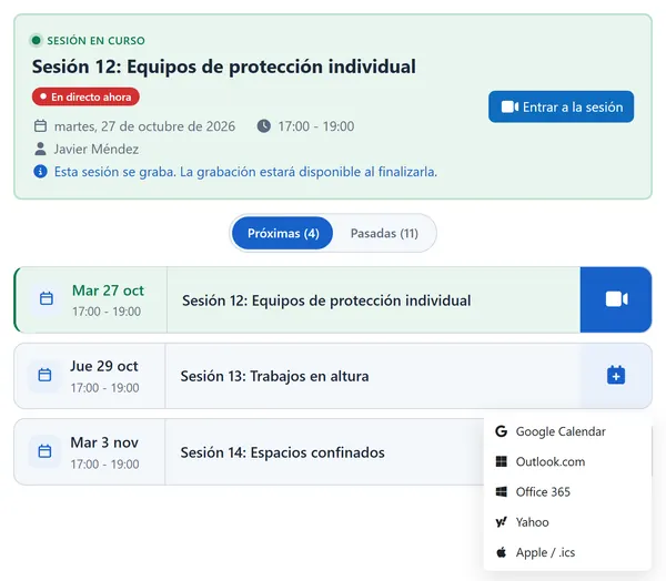 La clase en directo creada como una actividad dentro de un curso de Moodle, con su día y su hora.