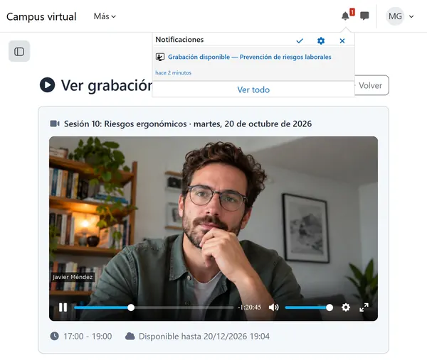 La grabación de una clase publicada en el curso de Moodle, lista para que la vean los alumnos.