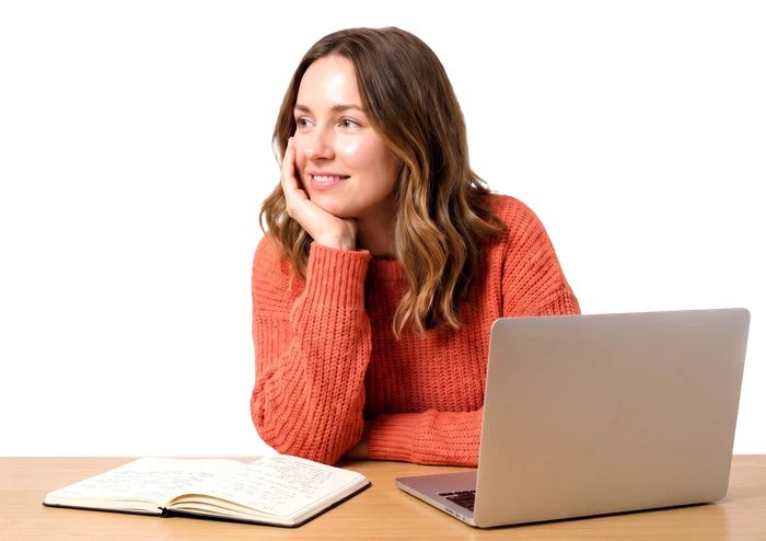 A woman smiles sitting at a table in front of her laptop.